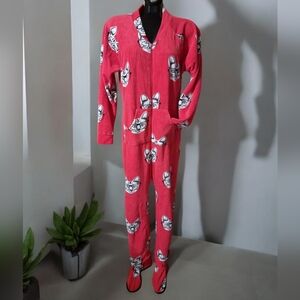 Kozies Fuschia Pink Ladues Footed Cat Fleece Onsie